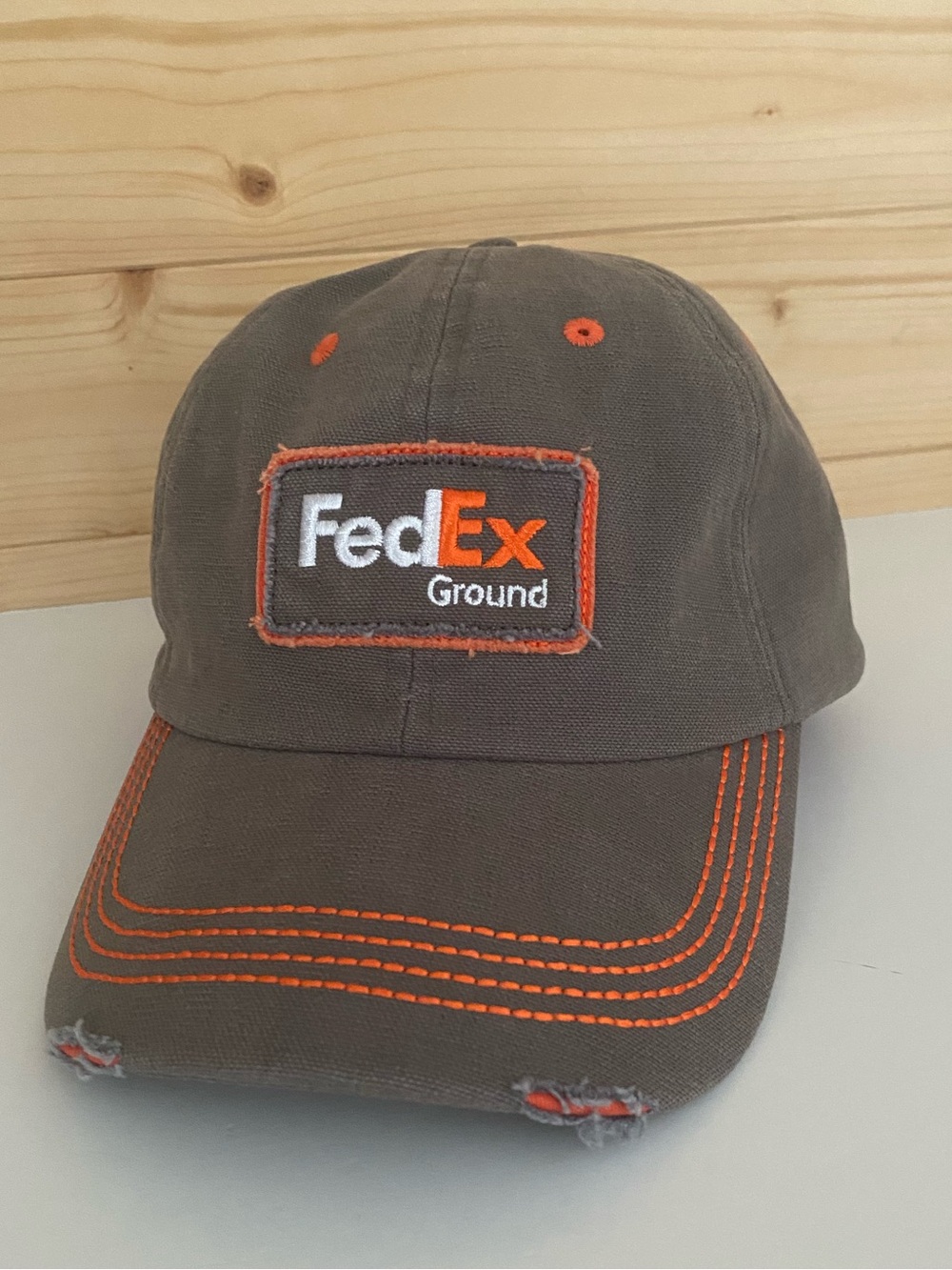 FedEx Ground Gray Baseball Cap Distressed Patch Logo Orange Stitching Adjustable